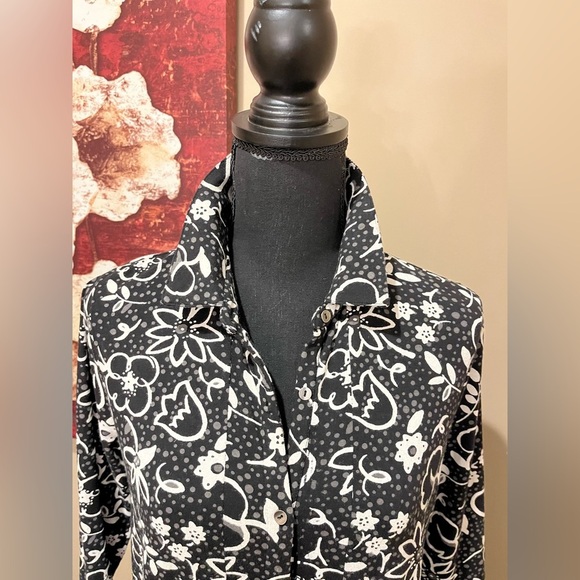 J Jill Black & White Modern Floral Collar Button Mini Dress, Size: XS - Picture 3 of 5